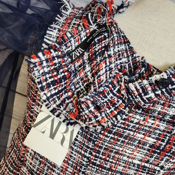 Zara Organza Puff Sleeve Tweed Plaid Blouse - Picture 6 of 6